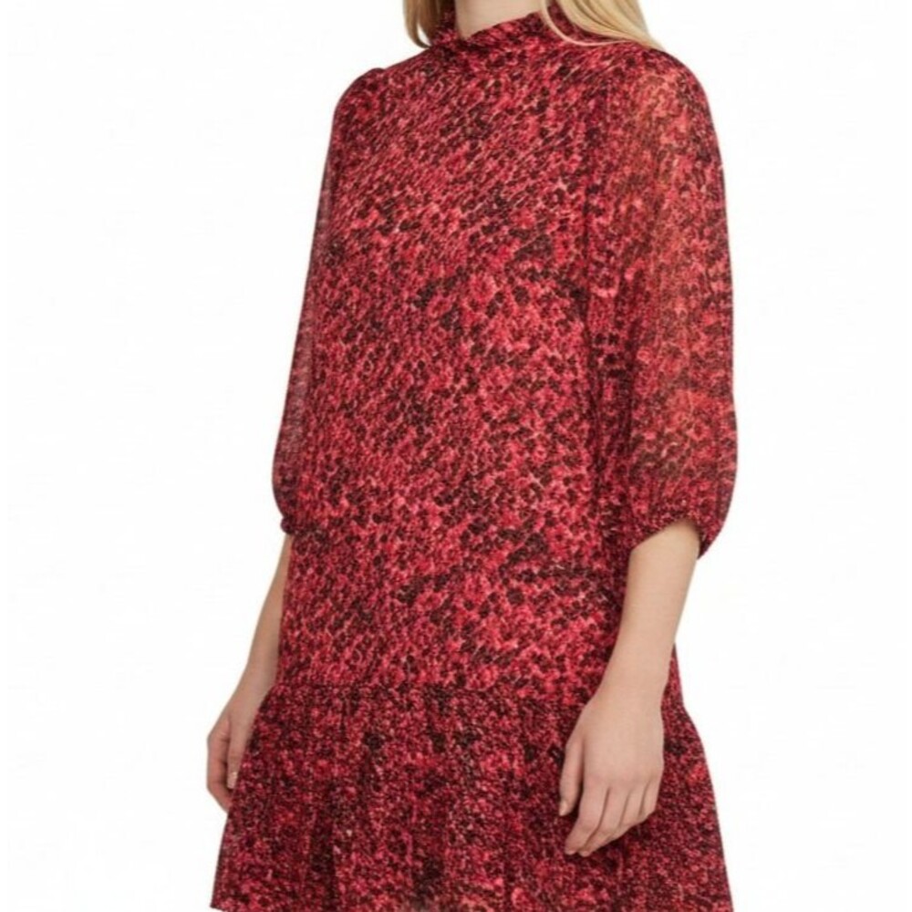 Nanette Lepore NEW Pleated Chiffon Dress Women 12 Red High Neck Tie 3/4 Sleeve